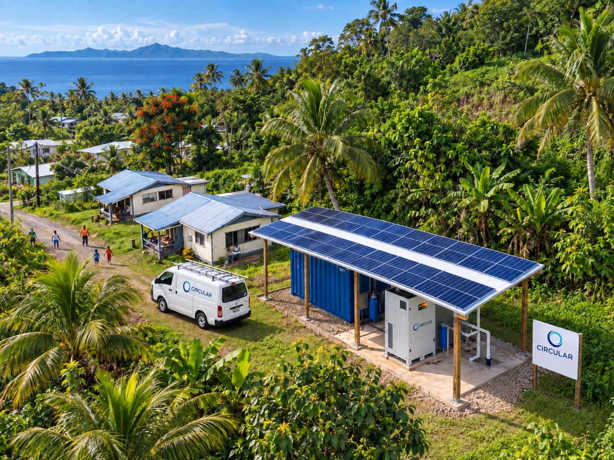 Illustrative aerial of a solar-powered atmospheric water system in a tropical village