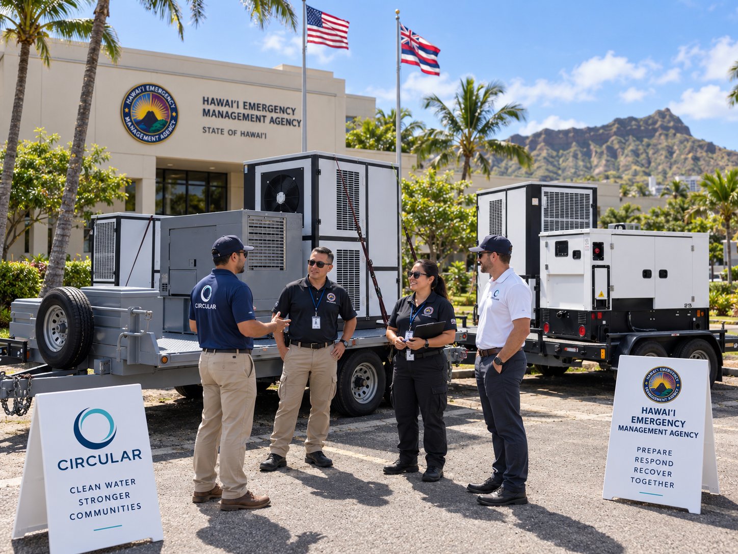 Illustrative scene of atmospheric water generator trailers at HI-EMA headquarters
