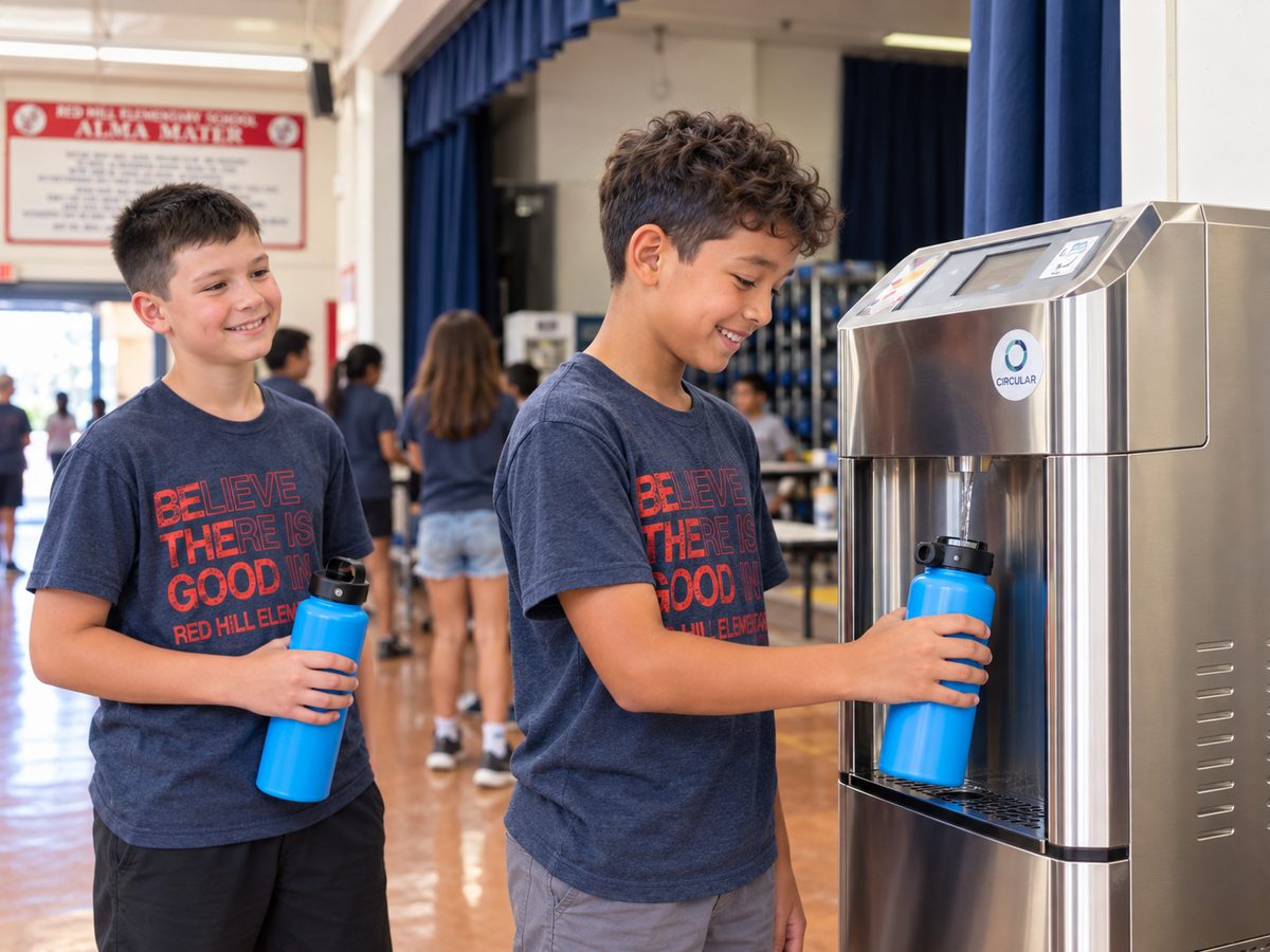 Illustrative scene of students filling bottles at a school atmospheric water dispenser