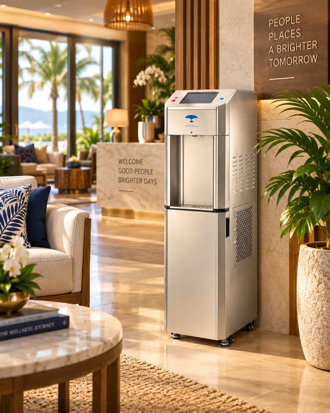 Guests using a floor-standing Circular water system in a hospitality lounge